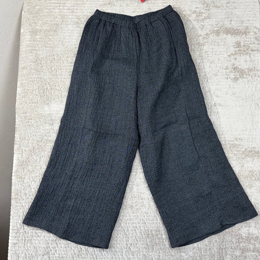 Khangura Womens S Textured Wide Leg Pants Grey Crinkle Elastic Waist USA Made